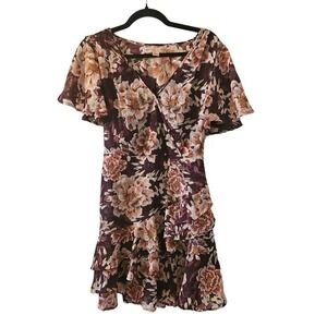 Chance & Destiny Floral Wrap Mini Dress Short Sleeve Wine Red Womens Size Medium